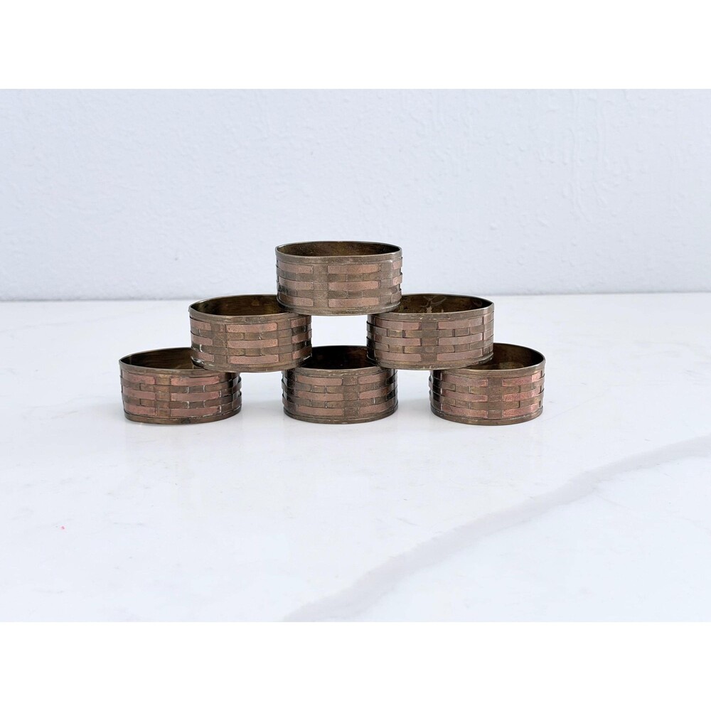Vintage Copper Napkin Oval Rings Set of 6 Woven Design Metal Dining Decor
